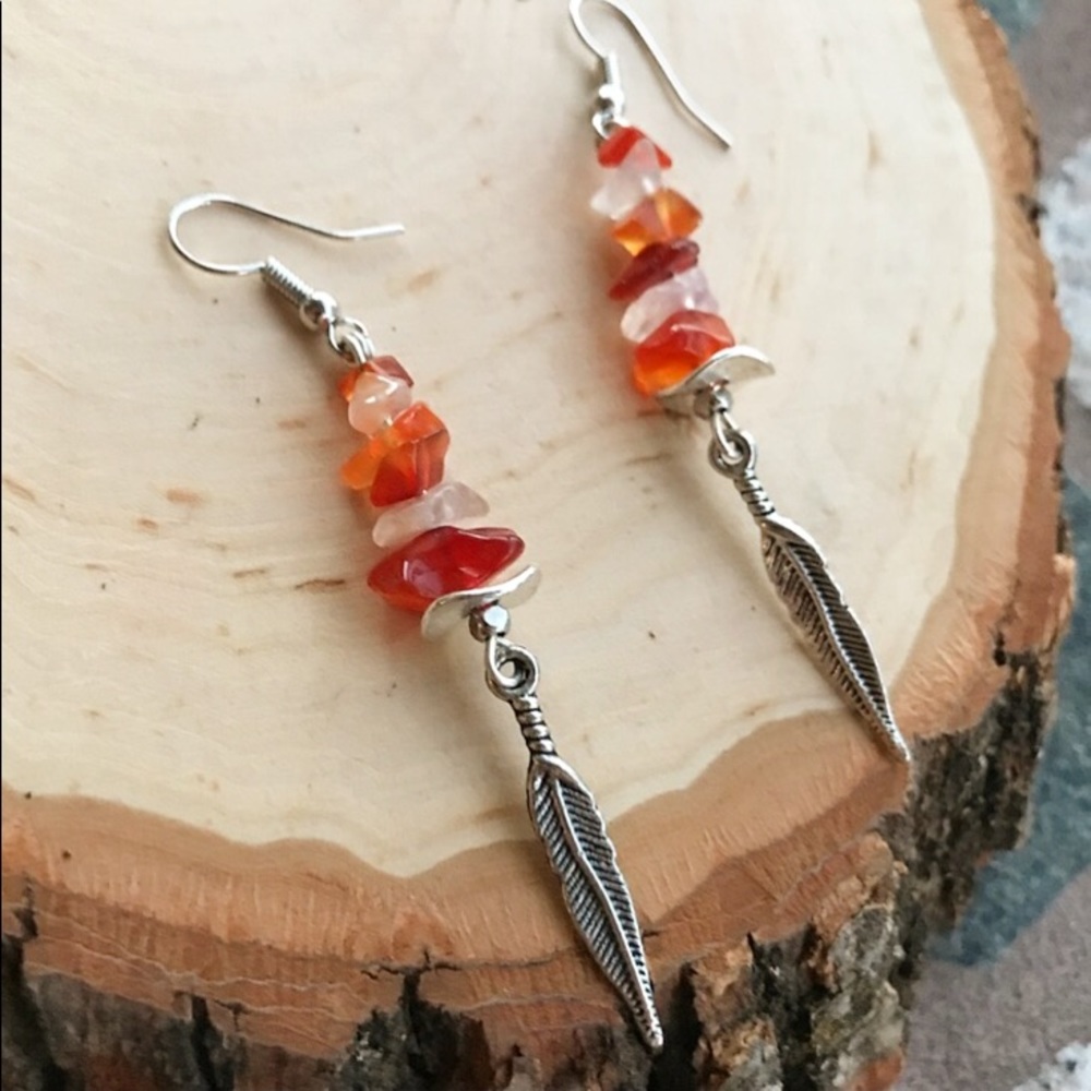 carnelian & quartz feather dangly earrings stainless steel posts